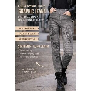 Bella Amore Italy Graphic Jeans Gray Distressed Floral Print Button Fly Edgy XL